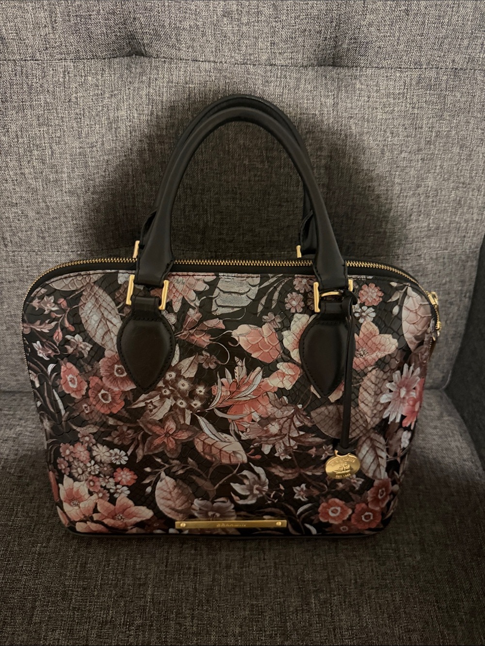Brahmin Vivian Black Floral Dome Satchel with Pink Accents